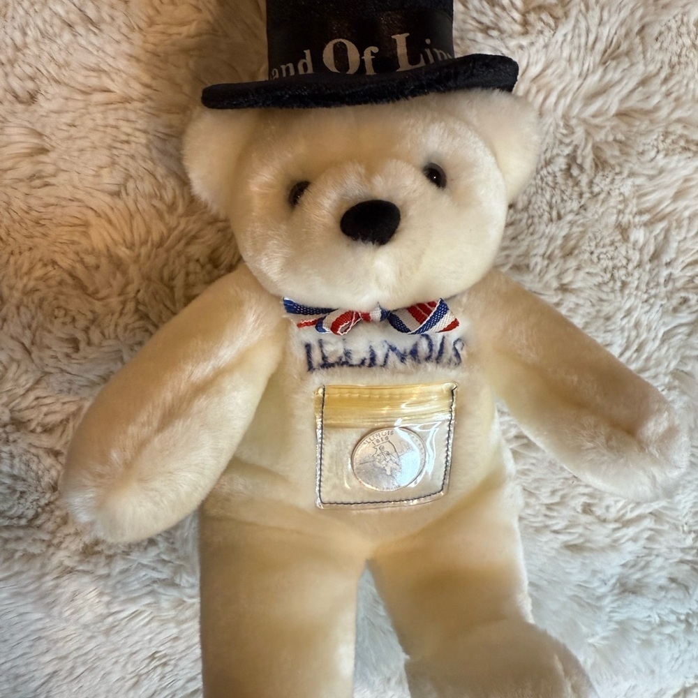 Collectible Cream Teddy Bear with Hat and Bow Tie ,land of linconln